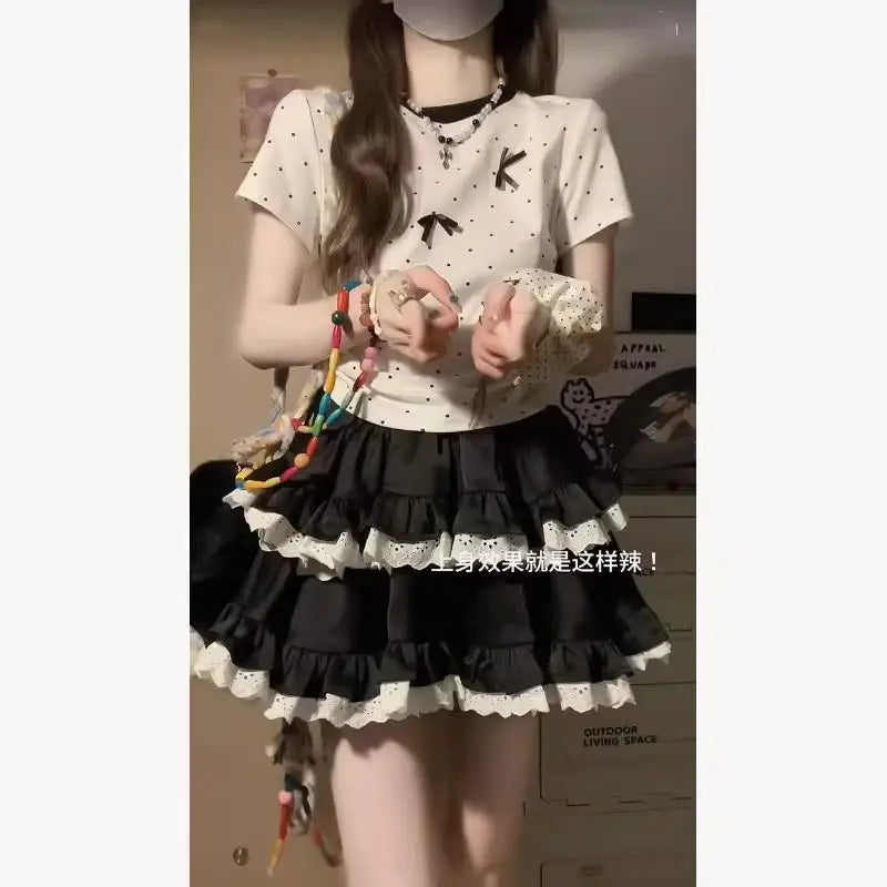 Hnewly Ballet Style Lace Cake Puffy Black Skirt for Women New Summer High Waist Loose Casual Lolita Sweet Girl  A-line Short Skirt