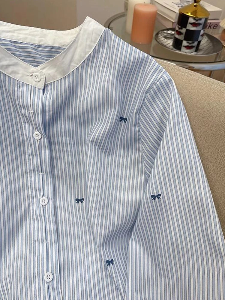 Hnewly Cute Bow Print Striped Shirt Women O Neck Long Sleeve Vintage Blouse Casual Loose Korean Sweet Female Fall New Retro Tops