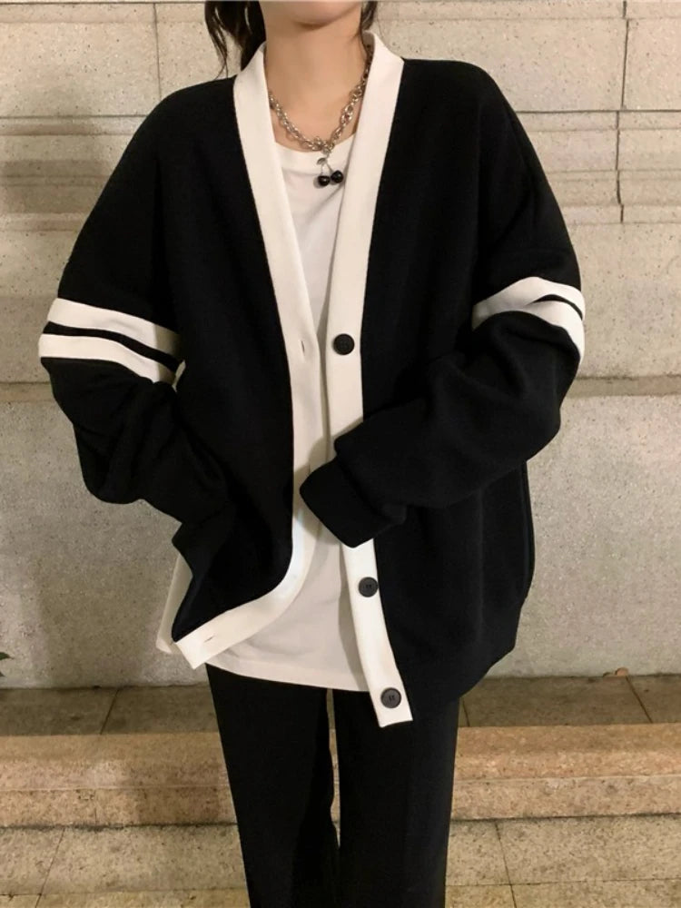 Hnewly  Varsity Cardigan Sweater for Women Long Sleeve V-Neck Button-up Knit Slouchy Cardi Korean School-girl Preppy Fall Winter Outfit