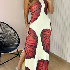 Lunivop  Womens Dresses Tropical Print One Shoulder Bodycon Slit Dress Sexy Slim Fit Maxi Dress Simple Commuting Elegant Dress