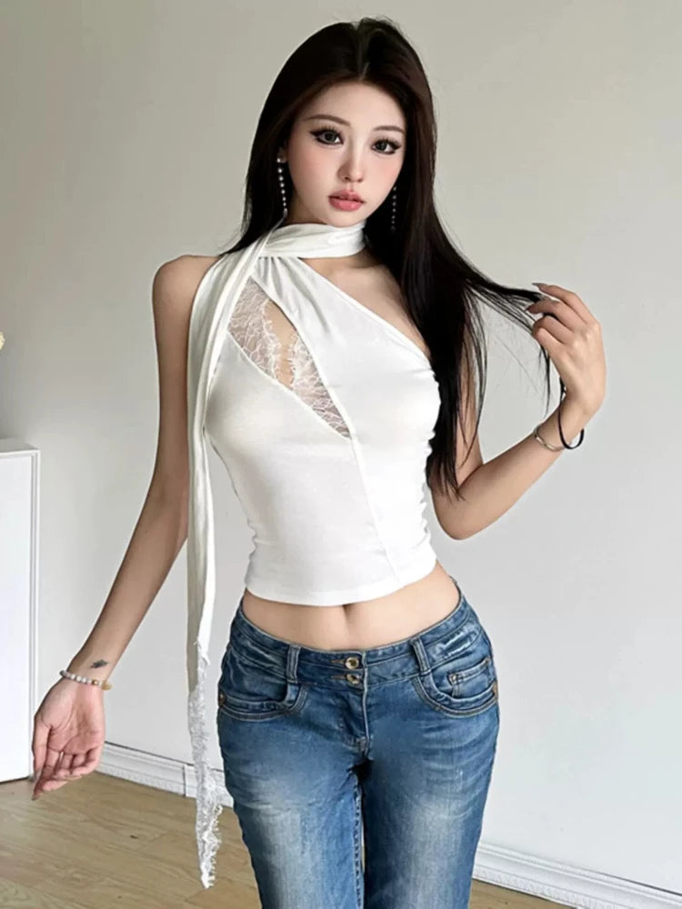 Hnewly Irregular Design Blouse Women Casual Sleeveless Sexy Lace Patchwork Y2k Crop Top Korean Fashion Shirts Black Gothic