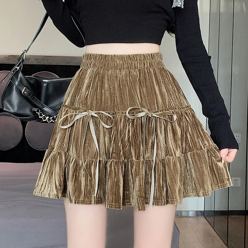 Hnewly Casual A Line Mini Kawaii Skirt Women Clothing High Waist Bow Black Faldas Largas Korean Style Harajuku Pleated Velvet Skirts