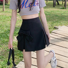 Hnewly  Chic Bow Knot Pleated Skirt Women Korean Asymmetrical Split High Waist Skirts Ladies Preppy Style Basic Solid A-Line Skirt Mujer