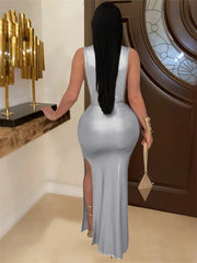 Hnewly  Cutenew Sexy Ruched Silky Dress Women Sleeveless Waistless Metal Button Ribbon Side Split Party Midnight Club Wedding Bodycon