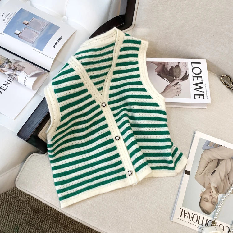 Hnewly  Spring V-Neck Striped Knitted Vest Korean Hollow Out Sleeveless Top Women's 2023 Autumn Loose All-Matched Outwear Cardigan Tank