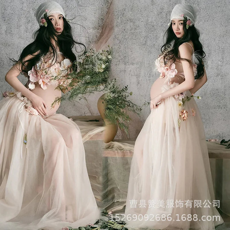Hnewly  Women Maternity Dress Set for Studio Photoshoot Flower Floral Tube Top with Mesh Skirt Scarf 3pcs Set for Pregant Photo Shooting