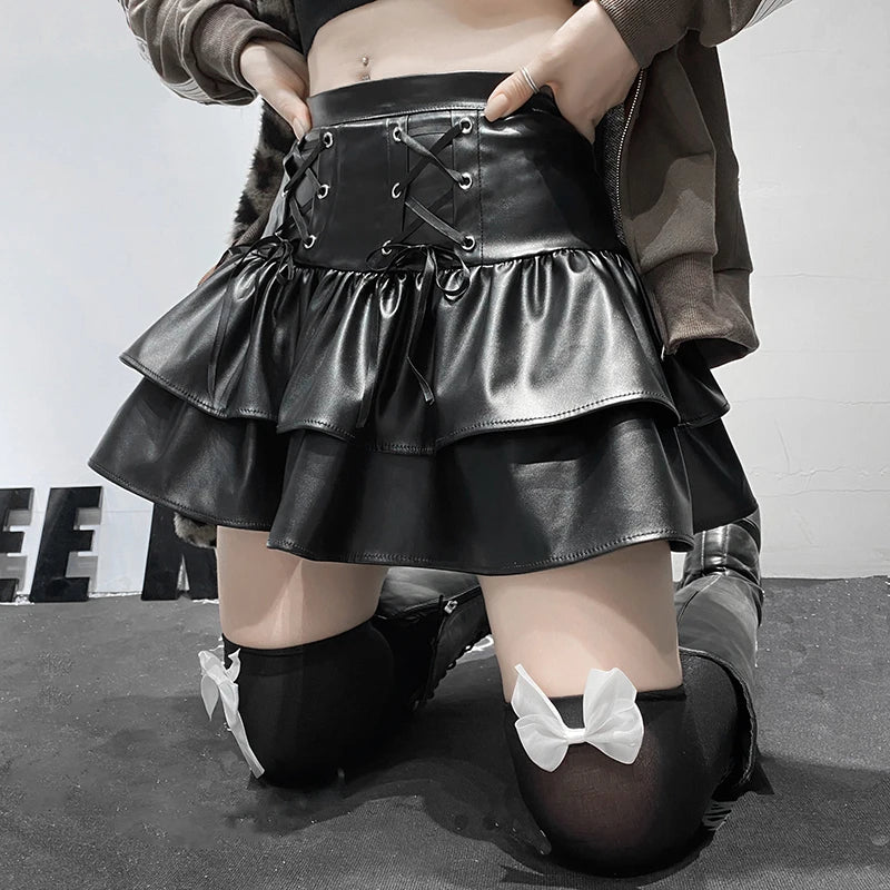 Hnewly Goth Punk PU Leather Mini Skirt Women Hight Waist Lace Up Bandage Black Pleated Skirt Streetwear Girls Lolita Skirt