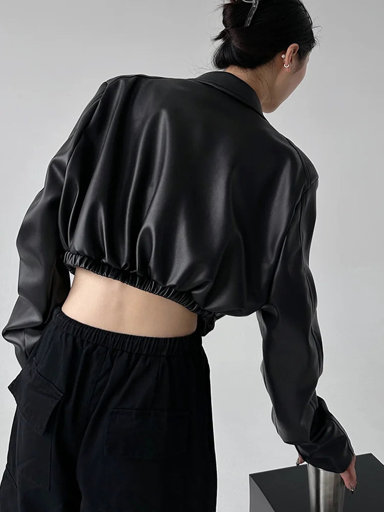 Hnewly American Vintage Pu Leather Women Jacket Y2K Black Lapel Long Sleeve Crop Coats Harajuku Streetwear Zipper Casual Outerwear