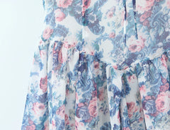 Lunivop  Summer Floral Print Spliced Lace Chest Bow Collar Short Puff Sleeve Dress Low Waist Ruched Hem Swing Mini Dresses Cake Robe