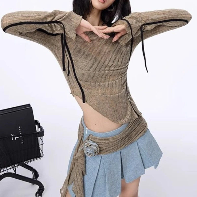Hnewly 2000s Aesthetic Vintage T-shirts Women Sexy Y2k Punk Gyaru Long Sleeve Crop Streetwear Asymmetrical Top Slash Neck Tee