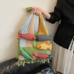 Hnewly  Cute Fringe Splicing Handbag Outdoor Knitted Tote Bag With Yarn Personality Shoulder Bag for Women Large Capacity Fashionable