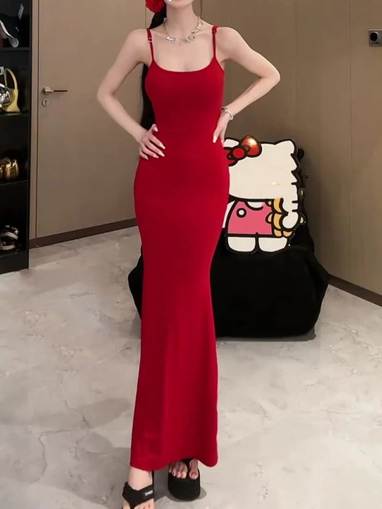 Hnewly Sexy Hollow Butterfly Backless Dresses Women Y2K Summer Elegant Outfits Lady Red Maxi Dress Bodycon Birthday Party Club Sundress
