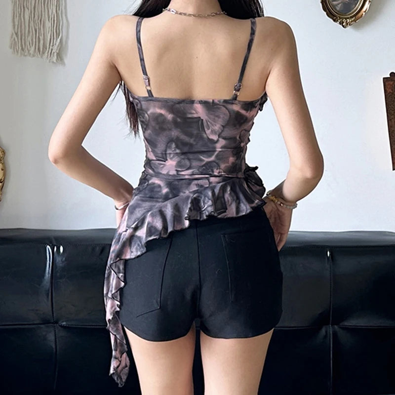 Hnewly Dark Punk Style Strap Crop Top Grunge 2000s Floral Patchwork Sleeveless Camisole Fashion Ladies Vintage y2k Ruffles Tees