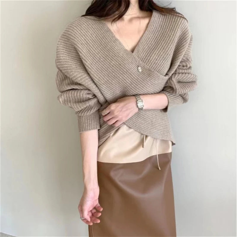 Hnewly  Criss Cross Wrap Sweater for Women Rib Knit Long Sleeve V-Neck Crossover Pullover Crop Jumper Autumn Winter Elegant Chic Outfit