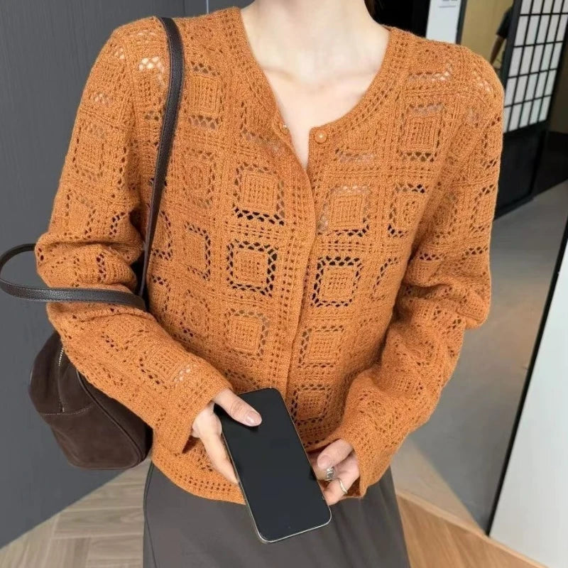 Hnewly  Crochet Cardigan for Women Sheer Openwork Button Front Pointelle Knit Jacket Tops Blouse French Chic Boho Vacation Outfit