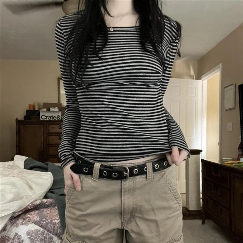 Vintage Aesthetic Striped Top Grunge Fairycore Casual Long Sleeve T Shirt y2k Women Clothes 2000s Tee Autumn Streetwear