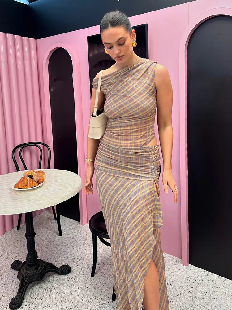 Hnewly Split Summer Dress Women See Through Y2K Plaid Print Inclined Shoulde Waistless Split Irregular Ruched Maxi Bodycon