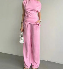 Hnewly  Women's Elegant Satin Two Pieces Set One Shoulder Detail and High Waist Straigh Pants  Solid Color Set