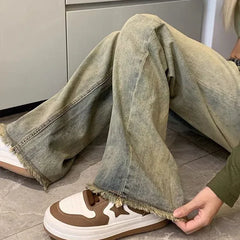 Hnewly  Y2K Rough Selvedge Wide Leg Jeans Women Korean High Waisted Baggy Denim Pants Woman Streetwear Vintage Jean Trousers