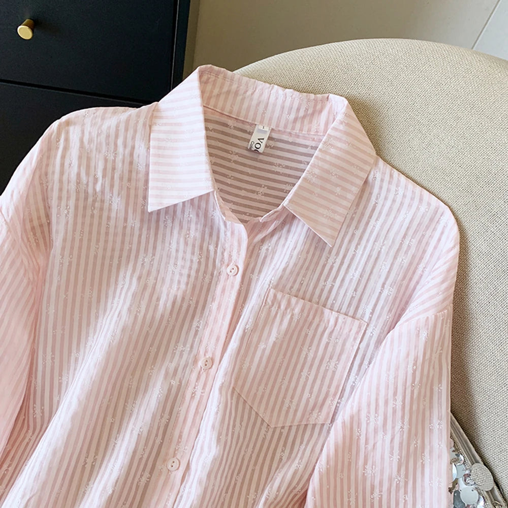 Hnewly  Pink Striped Sun Protection Shirt Women's Summer Thin Single-breasted Outwear Loose Fit Lazy Style Casual Open Front Female Tops