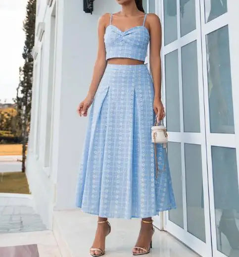 Hnewly  New Women's Printed Cami Top and Midi Skirt Set Solid Color Sleeveless Pleated Camisole Top and Flared Skirt