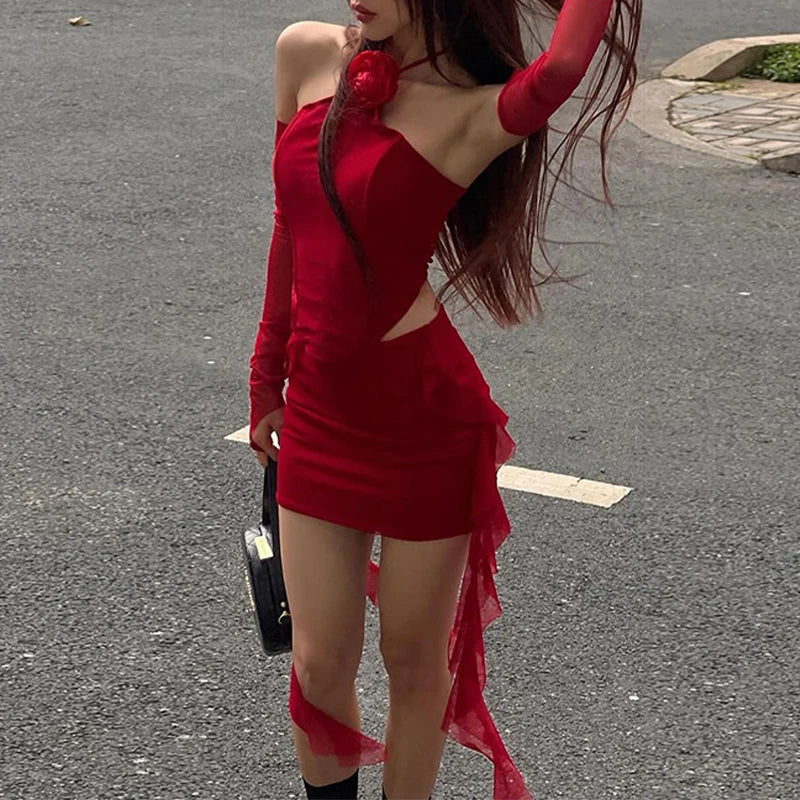Hnewly  Red Dance Party Holiday Street Matching Outfits For Hottie Girls 3D Flower Halter Cropped Tank Tops+Side Trim Ribbon Skirts