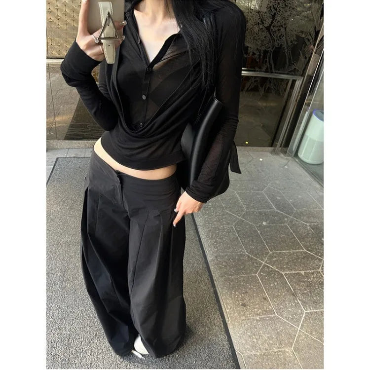 Hnewly  Y2k Fake Two Piece V-neck All-match Shirts Women See Through Mesh Black Blusas Mujer 2025 Spring New Bottoming T-shirts