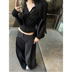 Hnewly  Y2k Fake Two Piece V-neck All-match Shirts Women See Through Mesh Black Blusas Mujer 2025 Spring New Bottoming T-shirts