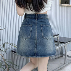 Hnewly  Summer High Waist Short Denim Skirts for Women Streetwear Pocket A Line Mini Skirt Woman Korean Chic Loose Jeans Skirt Female