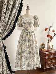 Hnewly  New Plus Size Botanical Print Long Dress Woman Square Neck Lace Short Puff Sleeves Slim Party Dresses French Cute Birthday Dress