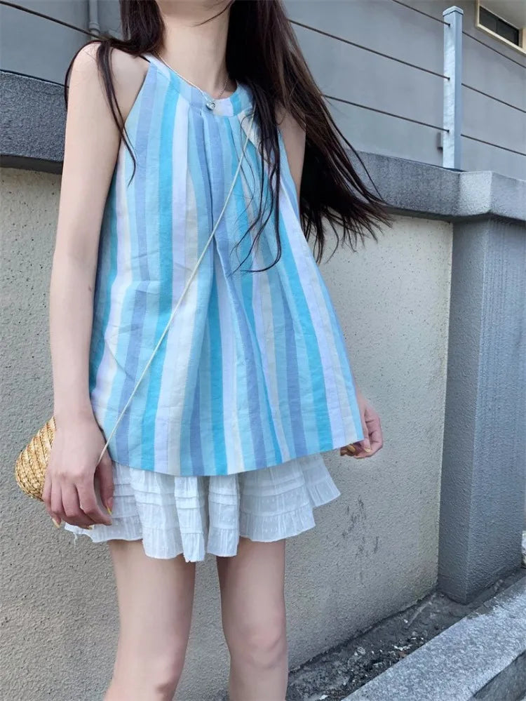 Hnewly  Woman Camis Striped Summer Fashion 2025 Sweet O Neck French Style Chic Loose Tank Tops Female Casual Sleeveless Top