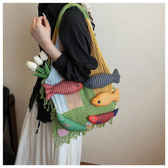 Hnewly  Cute Fringe Splicing Handbag Outdoor Knitted Tote Bag With Yarn Personality Shoulder Bag for Women Large Capacity Fashionable