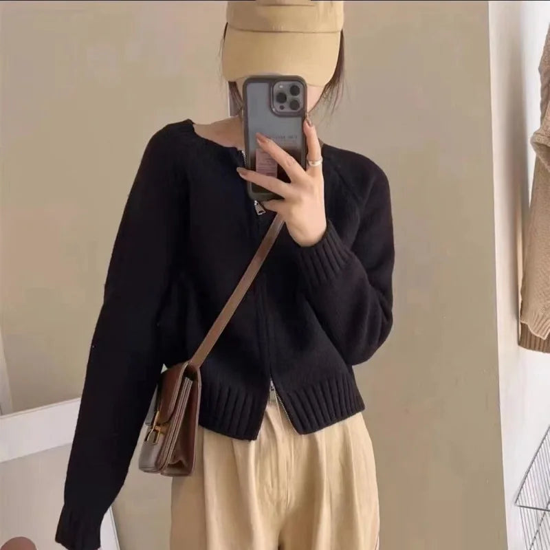 Hnewly Korean Women Knitted Sweater Autumn Winter Chic Loose Long Sleeve Cardigan Tops Simple Solid Color Sweater Jacket