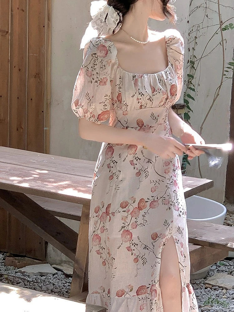 Hnewly DRESS TO IMPRESS French Elegant Vintage Dress Women Summer Short Sleeve Beach Style Floral Midi Dress Chic One Piece Dress Korea Women Party