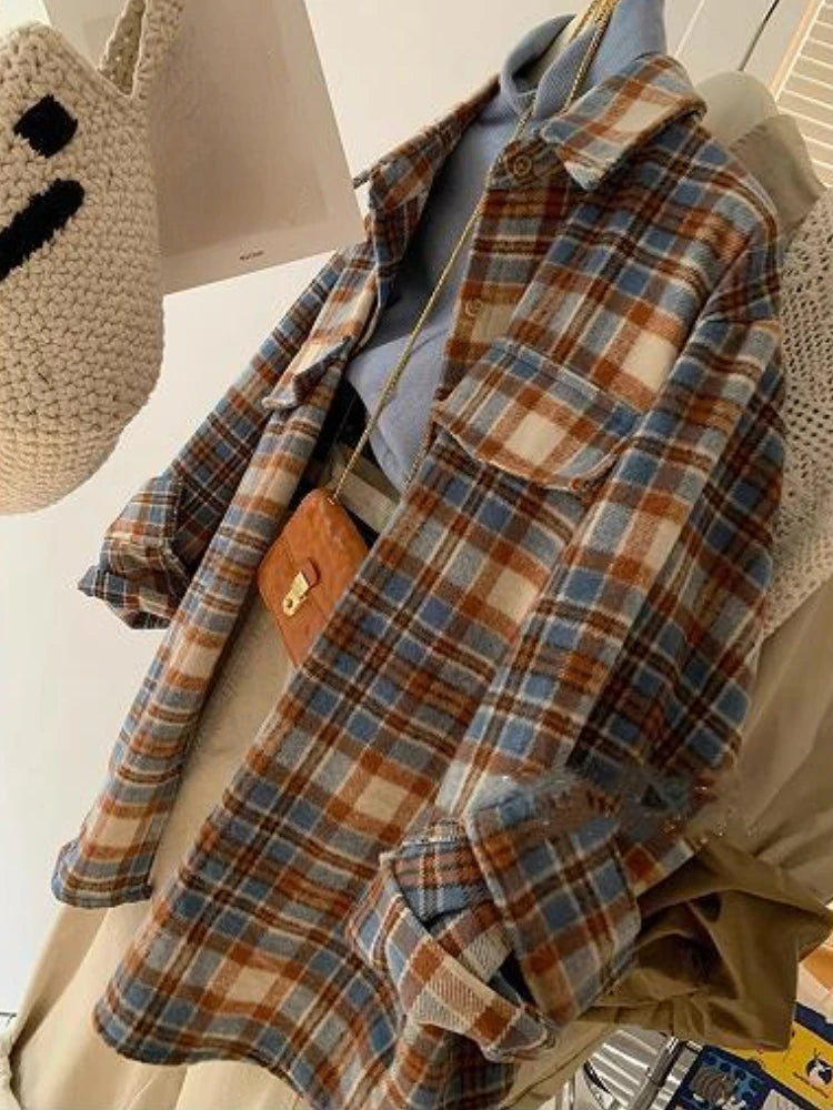 Hnewly Plaid Woolen Shirts Women Tops Vintage Baggy Casual Outwear Fashion Korean Style Pockets All-match Chic Lapel Camisas De Mujer