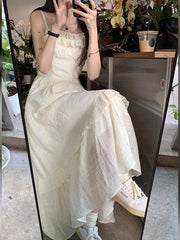 Summer Sweet Style Women's Dress Strapless Waist Cinched Slimming Design Fairy Tale Long Skirt with Wood Grain