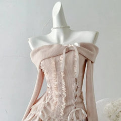 Hnewly  Y2k Aesthetic Two Pieces Set Slash Neck Bow Knitted Women Sweater + Sweet High Waist Lace Patchwork A-Line Skirts Grunge Suit