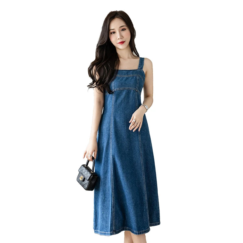 Hnewly  Denim Spaghetti Strap Dress New Summer Women's Retro Strap A-Line Dress Classic Blue Tea-Length Versatile Slim Sun Dresses