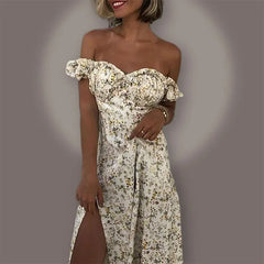 Hnewly  Summer Floral Off Shoulder Puff Sleeve Maxi Dress For Woman Robe Sexy Lace Up Side Split Chic Mid-Calf Aesthetic Dress