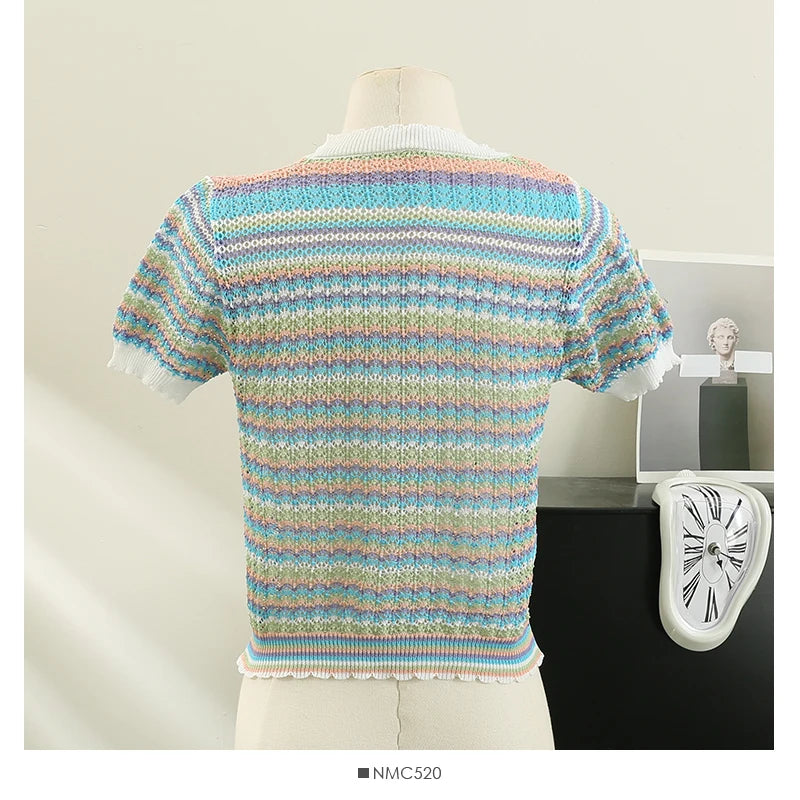 Hnewly Colorful Striped Knitted T Shirt For Women Spring Summer Hollow Out Sexy Streetwear Tops Korean O-Neck Short Pullover Blouses