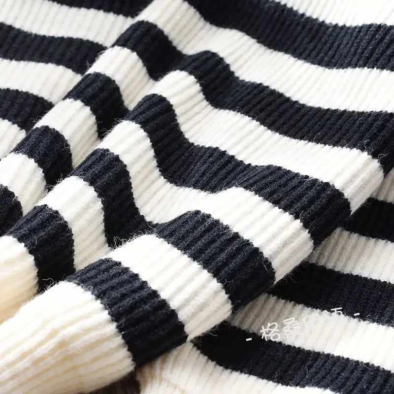 Hnewly  Half Zipper Stripe Pullover Sweater  Women Loose Knitted Base Shirt  2025 Spring /Autumn Japanese Style Long Sleeve Pullover Top