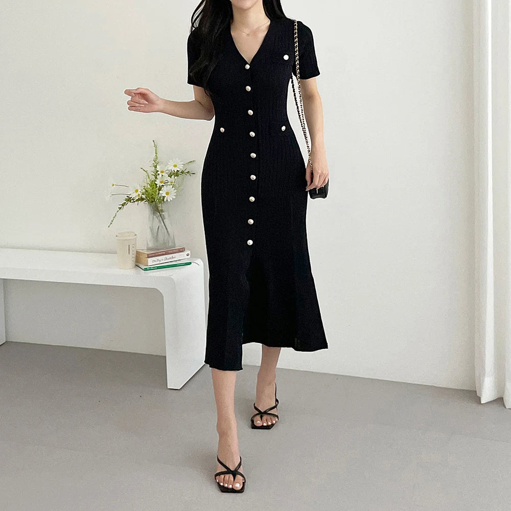 Hnewly Knitted Black Bodycon Korea Style Ruffle Ladies Short Sleeves Midi Dresses Elegant Casual V-neck Mermaid Dress for Women Summer