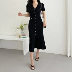 Hnewly Knitted Black Bodycon Korea Style Ruffle Ladies Short Sleeves Midi Dresses Elegant Casual V-neck Mermaid Dress for Women Summer