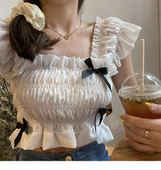 Hnewly  Bow Temperament Chiffon Women's New Fashionable Flying Sleeve Pleated Top