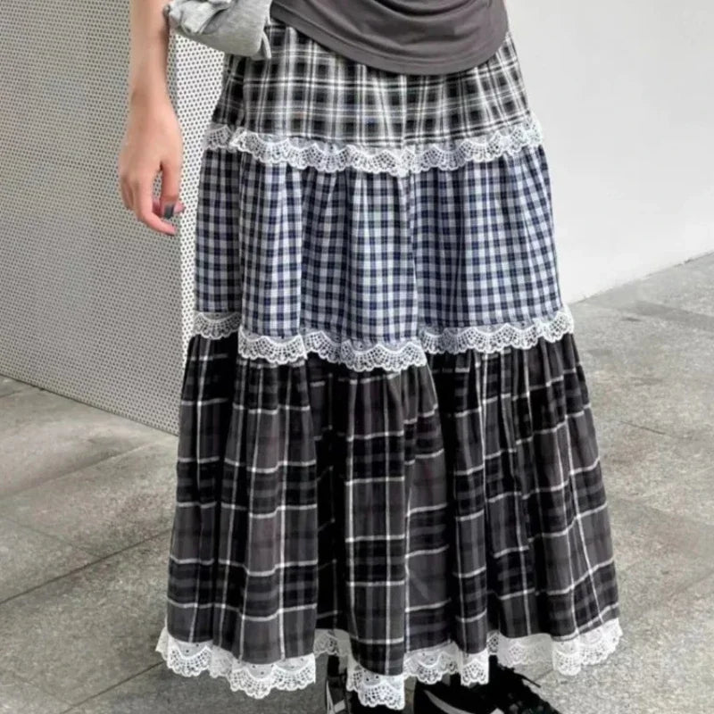 Hnewly  Vintage Harajuku Lace Plaid Skirt Women Preppy Style Long Skirts Autumn Winter Streetwear Retro A-line Ruffle Skirts