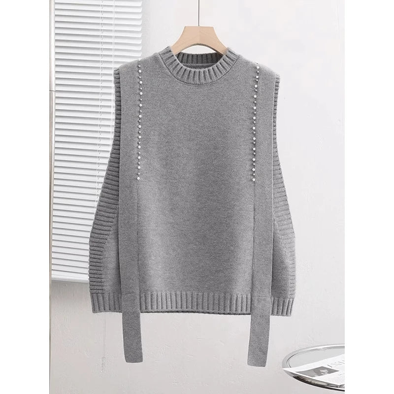Hnewly  Elegant Bead Knitted Sweater Vest Women's Spring  Autumn Loose Versatile Comfortable Sleeveless Vest Casual Solid O-neck Top