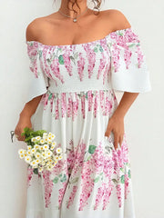 Hnewly  New Elegant Floral Print Petal Short Sleeve Plus Size Long Dresses Vacation Party Elastic Bust Square Neck Female Clothing Dress