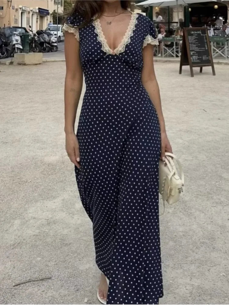 Hnewly Chic Fashion Lace Polka Dot Long Dress V-neck Sexy Women Dress Navy Blue Vintege Elegant Dresses 2025 New Woman Clothing