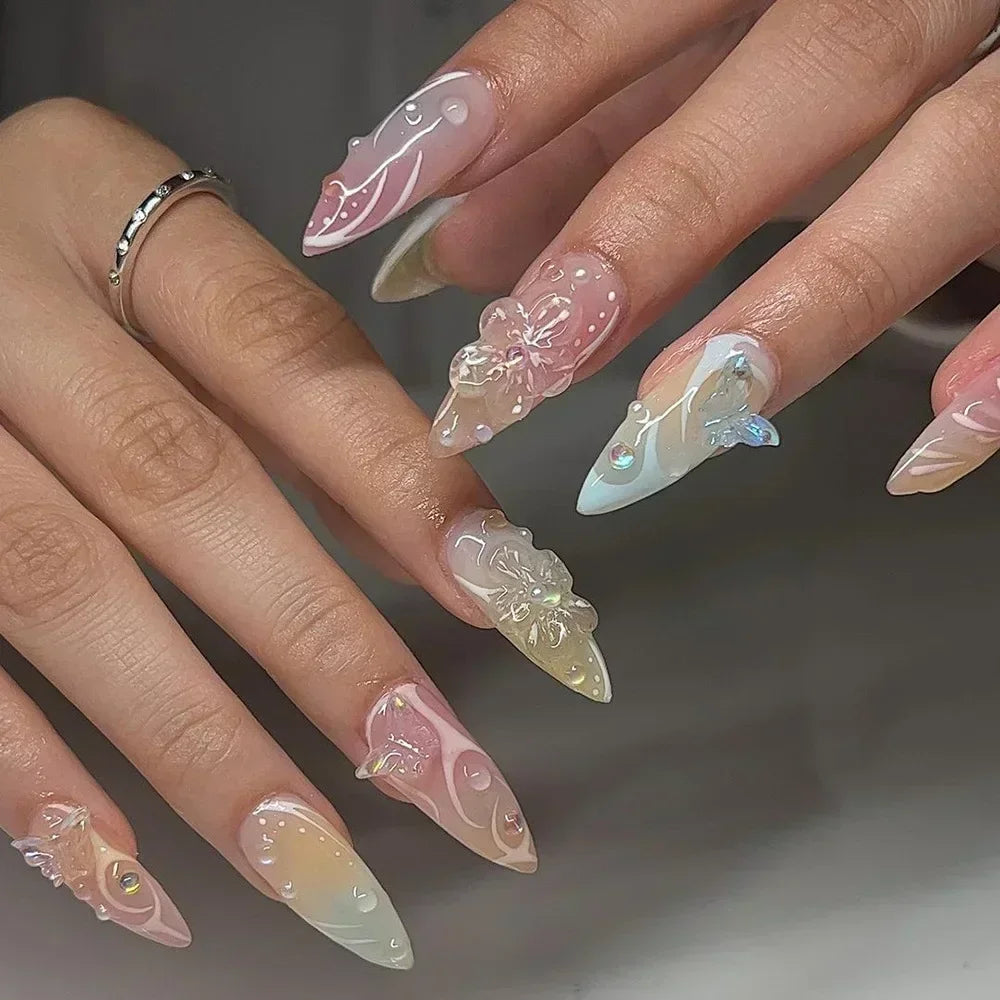 Hnewly 24Pcs Pink Almond French Press on Nails With 3D Bow ripple charms Design Fake Nails Ballerina False Nails Full Cover Nail Tips