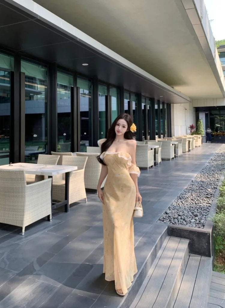 Hnewly  Woman Dress Lace Patchwork Ruffles Off Shoulder Summer Fashion French Style Chic Elegant Party Dresses Female Casual